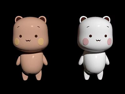Brown And White Bear Plush Toys With Smiling Faces And Cheek Blushes Against Black Background 3d model
