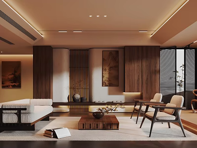 Modern Living Room Interior Design With Wooden Sofa Coffee Table And Decorative Paintings 3d model