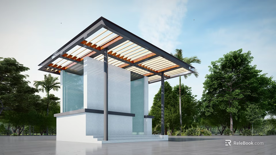 Modern Outdoor Pavilion With Metal Frame Wooden Slats Roof Glass Walls And Trees 3d model 