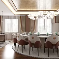 Elegant Modern Private Dining Room Interior With Round Table Chandelier And Curtained Windows 3d model