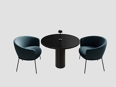 Round Black Dining Table Set Featuring Two Navy Blue Velvet Chairs With Metal Legs 3d model