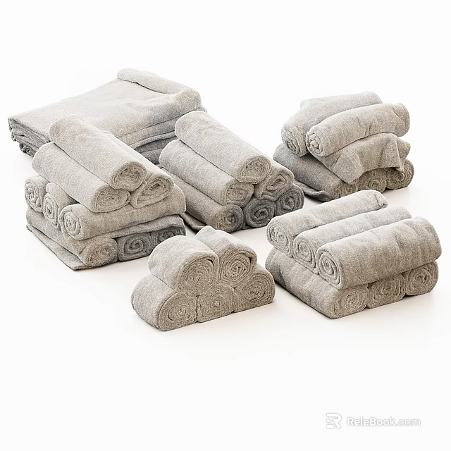 Neatly Rolled Gray Towels Arranged in Multiple Stacks on White Background 3d model 