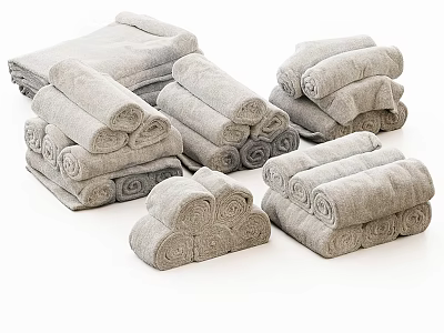 Neatly Rolled Gray Towels Arranged in Multiple Stacks on White Background 3d model