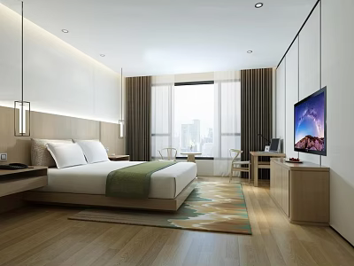 Hotel Guest Room Interior with Comfortable Bed City View TV Desk Chair and Modern Design 3d model