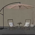 Rattan Woven Outdoor Chairs with Wooden Frame Cushioned Seats Curved Umbrella Side Table and Vase