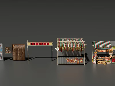 Miniature Market Stall Models Featuring Striped Awnings Displayed Goods And Various Structures 3d model