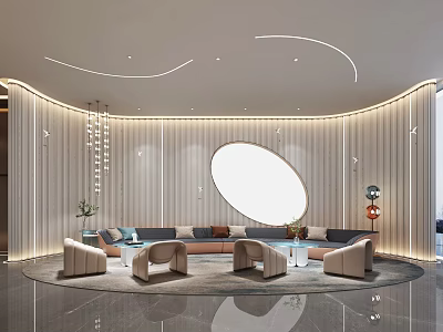Modern Sales Office Interior Design With Curved Walls Round Window And Sofa Seating 3d model