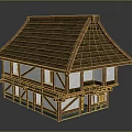 Cartoon Scene Of Traditional Wooden House With Sloped Roof Two Story Structure And White Walls
