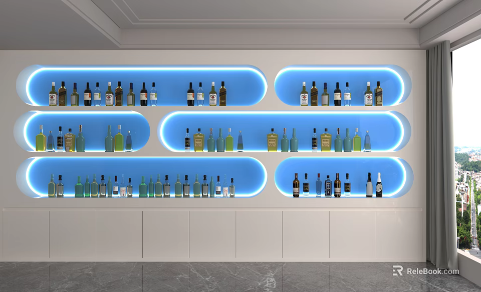 Modern Display Shelves With Blue Light Strips White Cabinets And Wine Bottle 3d model 