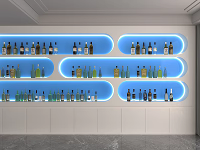 Modern Display Shelves With Blue Light Strips White Cabinets And Wine Bottle 3d model