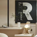 Modern Bedroom Interior Featuring Comfortable Bed Striped Rug Artwork With Letter R And Window Blinds