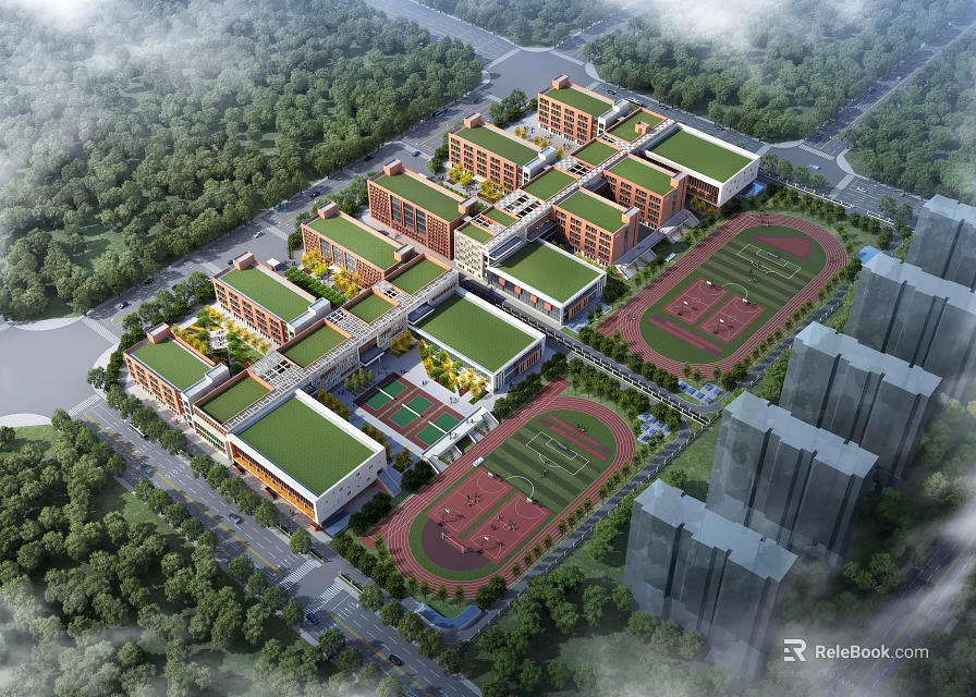 Modern School Campus Buildings With Green Roofs Playgrounds And Sports Fields Surrounded By Trees 3d model 