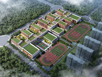 Modern School Campus Buildings With Green Roofs Playgrounds And Sports Fields Surrounded By Trees 3d model