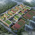 Modern School Campus Buildings With Green Roofs Playgrounds And Sports Fields Surrounded By Trees