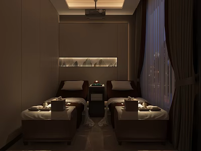 Relaxing Massage Foot Therapy Spa Room With Two Beds White Sheets Candles And Dim Lighting 3d model