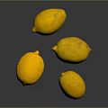 Four Fresh Yellow Lemons On Shiny Dark Surface With Reflections And Natural Texture