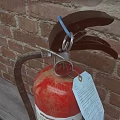 Red Fire Extinguisher On Wooden Bench Against Red Brick Wall With Matchbox And Matches