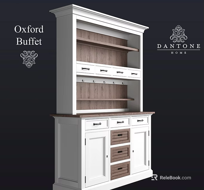 White Oxford Buffet Cabinet With Wooden Shelves And Drawers For Storage 3d model 