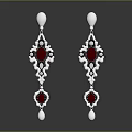 Elegant Women's Earrings with White Pearl Drops Red Gemstones and Silver Filigree Design