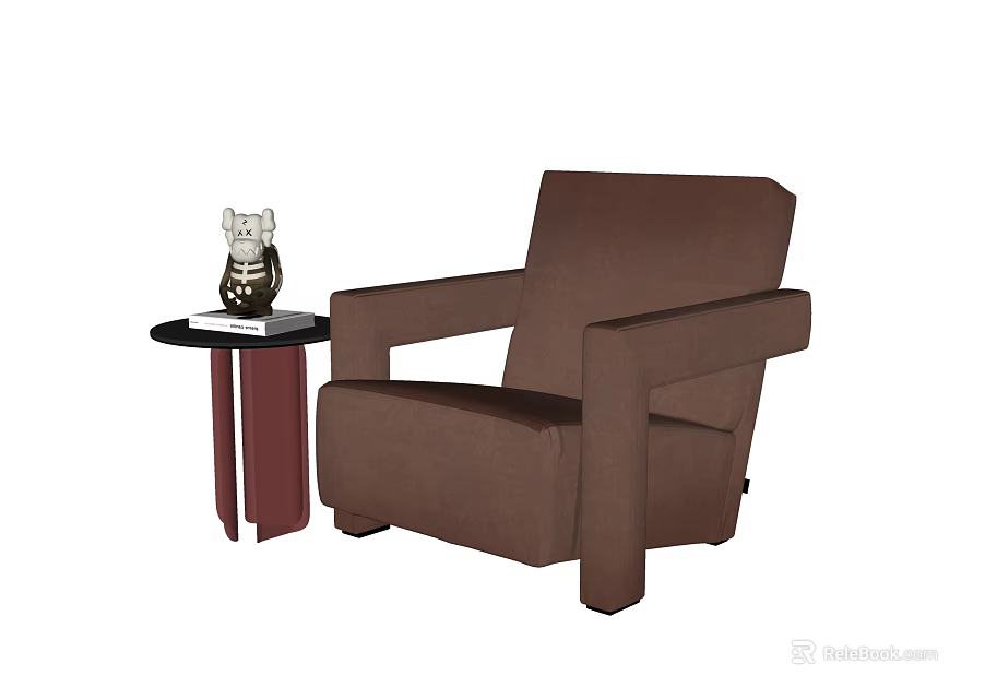 Brown Modern Single Sofa With Small Round Side Table And Decorative Owl Figurine 3d model