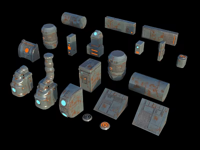 Vintage Industrial Mechanical Parts Collection With Rustic Gray Orange Accents And Various Shapes 3d model