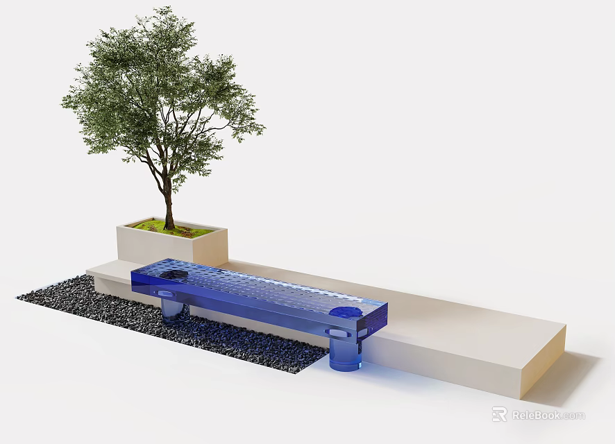 Modern Blue Outdoor Landscape Bench With Tree Gravel And White Base Design 3d model 