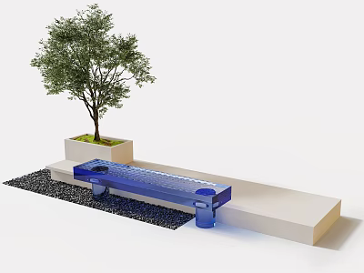 Modern Blue Outdoor Landscape Bench With Tree Gravel And White Base Design 3d model