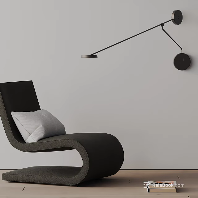 Modern Black Leisure Chair With Light Gray Cushion Against Minimalist Light Wall And Wall Lamp 3d model 