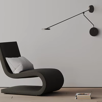 Modern Black Leisure Chair With Light Gray Cushion Against Minimalist Light Wall And Wall Lamp 3d model
