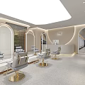 Modern Beauty Hair Salon Interior with Gray Chairs Mirrors White Shelves Green Plants Large Windows