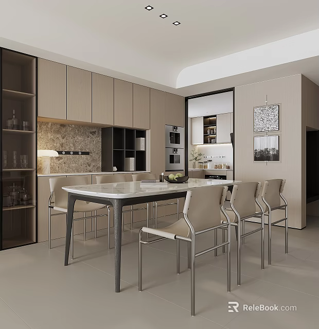 Minimalist Modern Restaurant Interior With Open Layout Light Toned Cabinets Dining Table And Chairs 3d model 