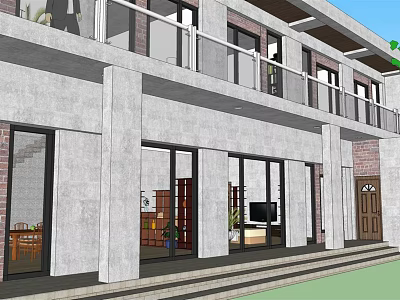 Two Story Building Exterior Design With Balcony Railings And Large Glass Windows 3d model