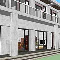 Two Story Building Exterior Design With Balcony Railings And Large Glass Windows