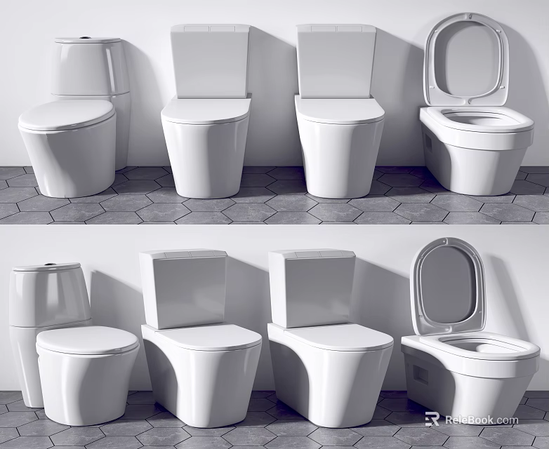 White Toilets In Various Styles With Open And Closed Lids On Tile Floor 3d model 