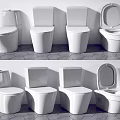 White Toilets In Various Styles With Open And Closed Lids On Tile Floor