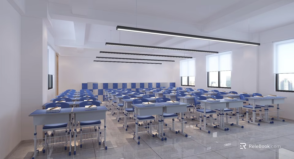 Spacious Bright Classroom With Neatly Arranged Blue Silver Desk Chair Set 3d model 