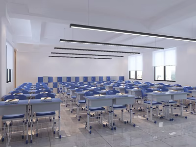Spacious Bright Classroom With Neatly Arranged Blue Silver Desk Chair Set 3d model