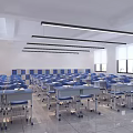 Spacious Bright Classroom With Neatly Arranged Blue Silver Desk Chair Set