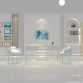 Modern Desk Interior With Two Chairs Bookshelf Wall Decorative Paintings And White Gray Tones