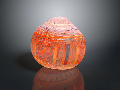 Intricate Orange Spherical Sculpture Carving With Symmetrical Patterns And Dark Background Reflection 3d model