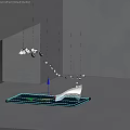 White Curved Sculpture Carving With Floating Fragments On Black Platform In Gray Room