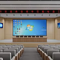 Spacious Conference Room With Large Main Screen Side Displays And Neatly Arranged Gray Seats