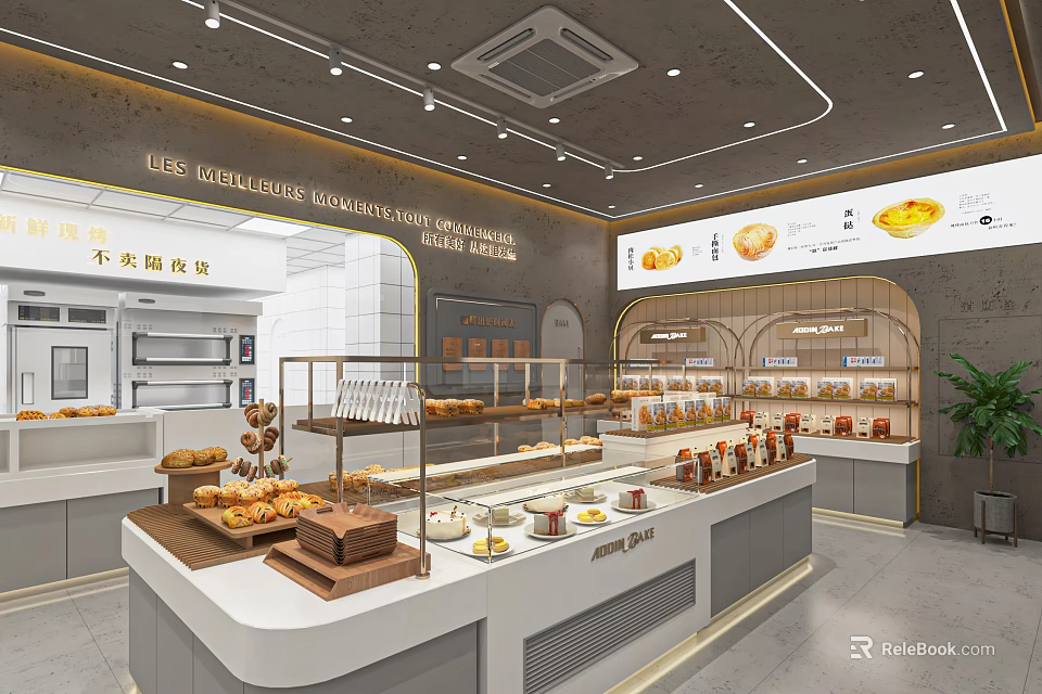 Modern Dessert Shop Interior With Glass Display Cases And Various Fresh Pastries 3d model 