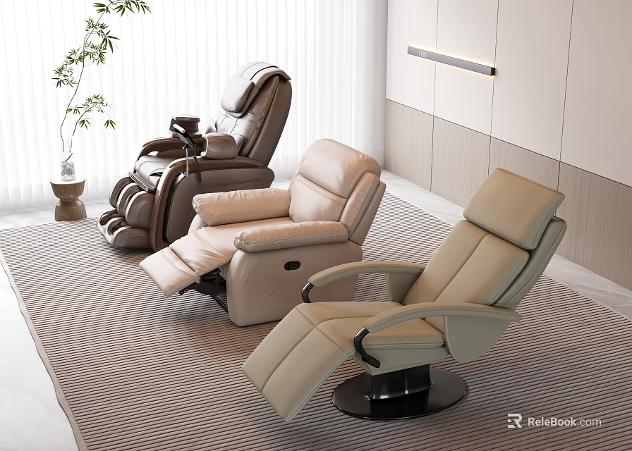 Modern Massage Chair Interior Featuring Brown And Beige Recliners In Cozy Room With Plants 3d model 