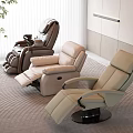 Modern Massage Chair Interior Featuring Brown And Beige Recliners In Cozy Room With Plants