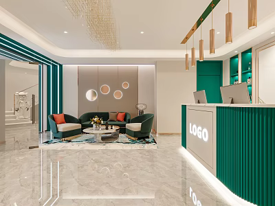 Modern Beauty Hair Salon Reception Area With Green Front Desk Comfortable Sofas And Hanging Chandeliers 3d model