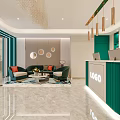 Modern Beauty Hair Salon Reception Area With Green Front Desk Comfortable Sofas And Hanging Chandeliers