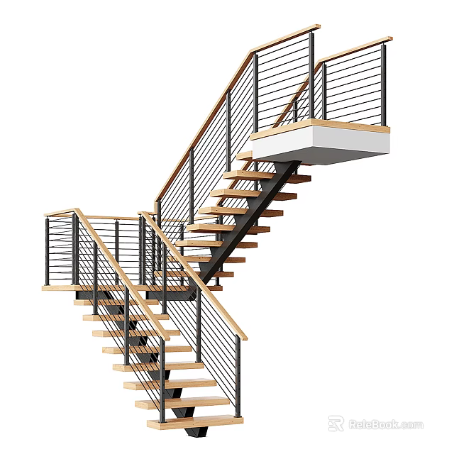 Modern Staircase Interior Design With Wooden Treads And Metal Railings 3d model 