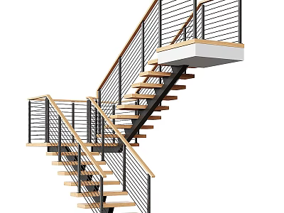 Modern Staircase Interior Design With Wooden Treads And Metal Railings 3d model