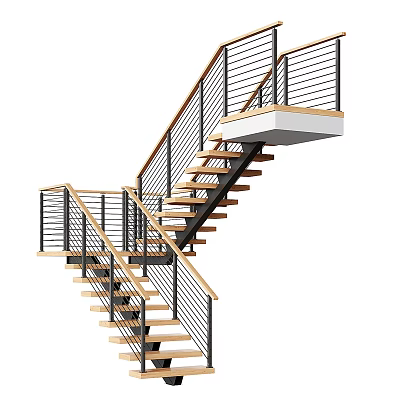 Modern Staircase Interior Design With Wooden Treads And Metal Railings 3d model